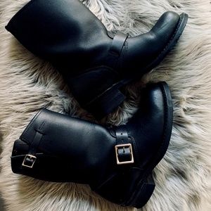 Frye Black Leather Short Harness Boots with Gold Buckles